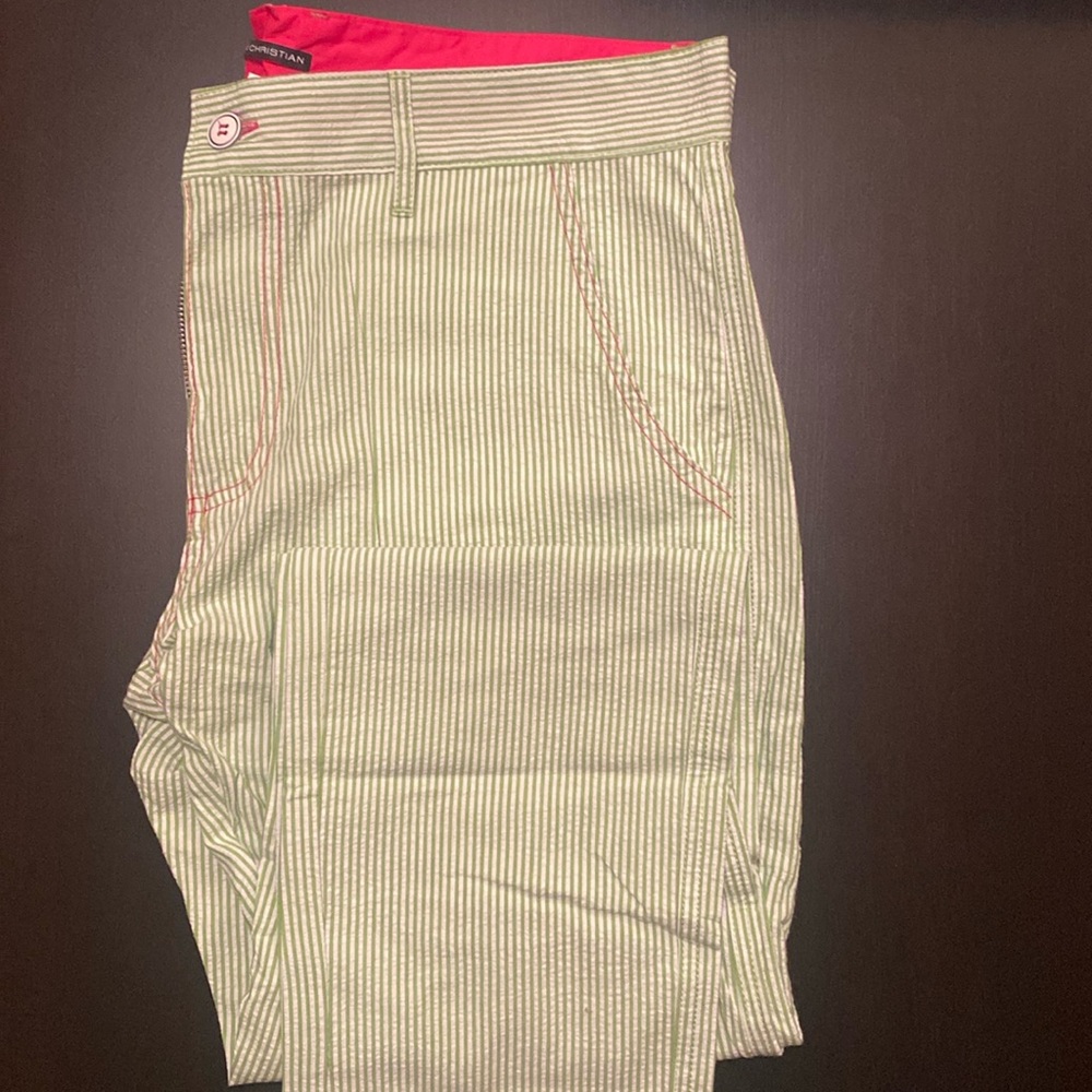 Andrew Christian green striped lightweight pants, size 36